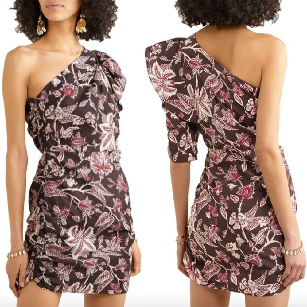 Isabel Marant dark brown red floral Lilia one shoulder ruffle cotton mini dress